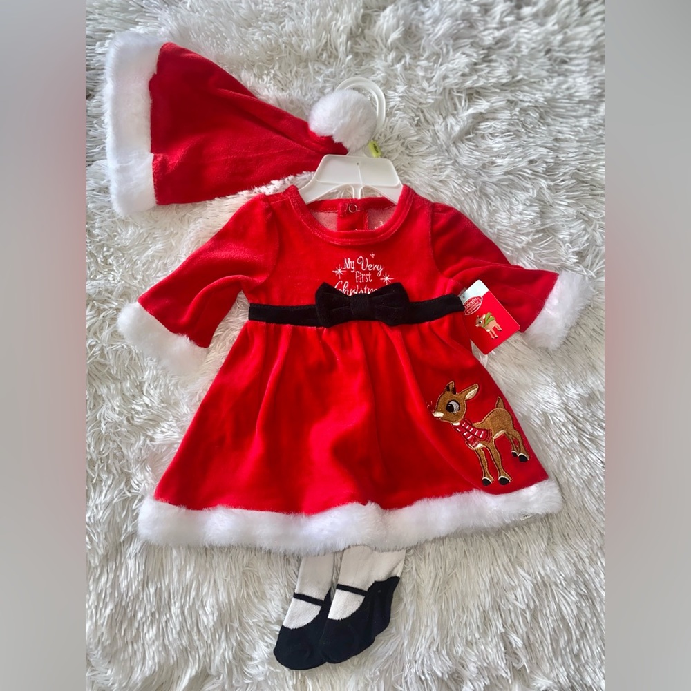 MY VERY FIRST CHRISTMAS BABY RUDOLPH SANTA DRESS SET